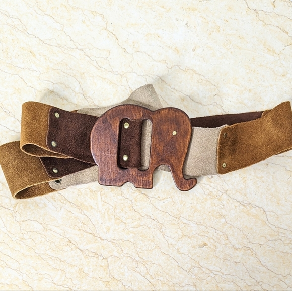 None Accessories - Vintage Patchwork Suede Wooden Elephant Buckle Boho Belt